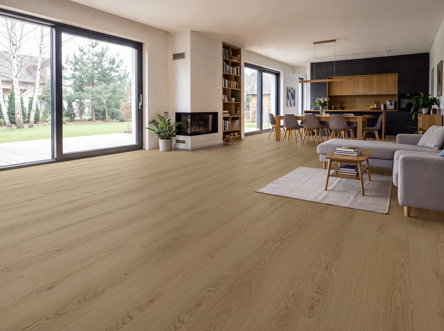 Podłoga Firmfit Timeless w formacie deski w salonie z kuchnią