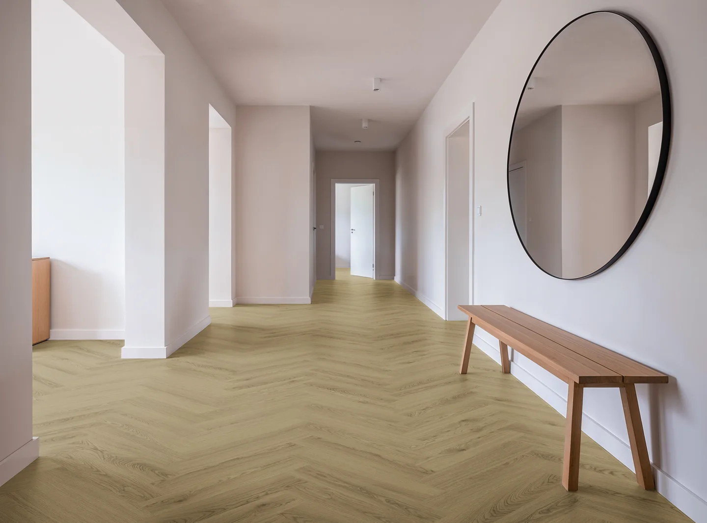 Podłoga Firmfit Timeless ułożona w jodełkę w jasnym holu